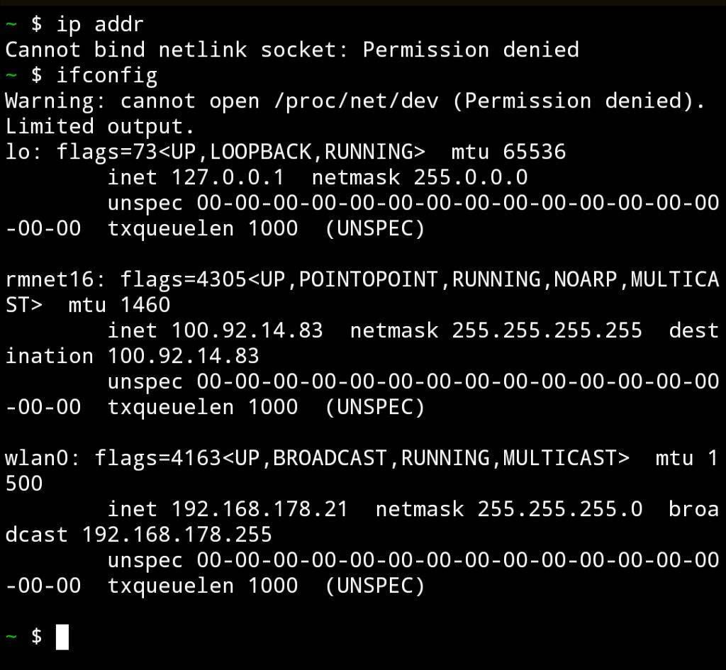 Termux screenshot of ip addr and ifconfig output with permission errors